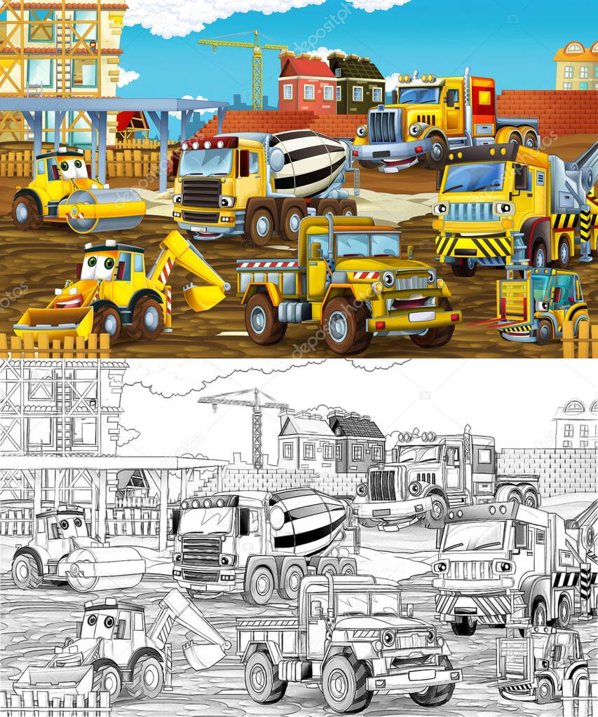 cartoon sketch construction site with cars - illustration for children