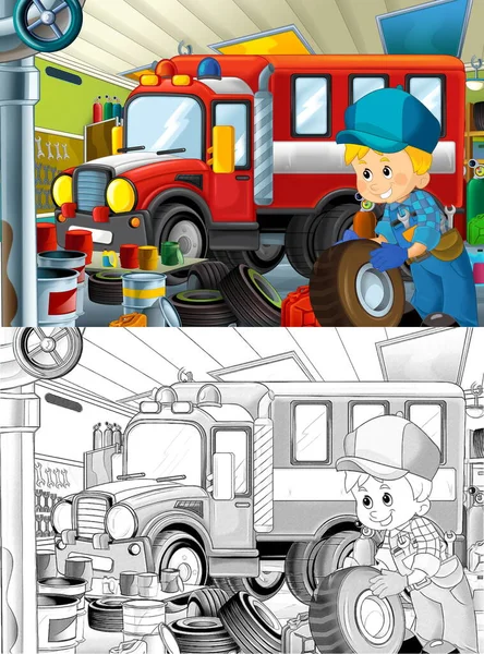 cartoon scene with sketch repairman in some garage - working repairing car or clearing work place - illustration for children