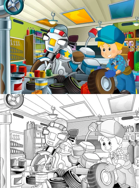 Cartoon Scene Met Schets Reparateur Sommige Garage Werken Reparatie Auto — Stockfoto