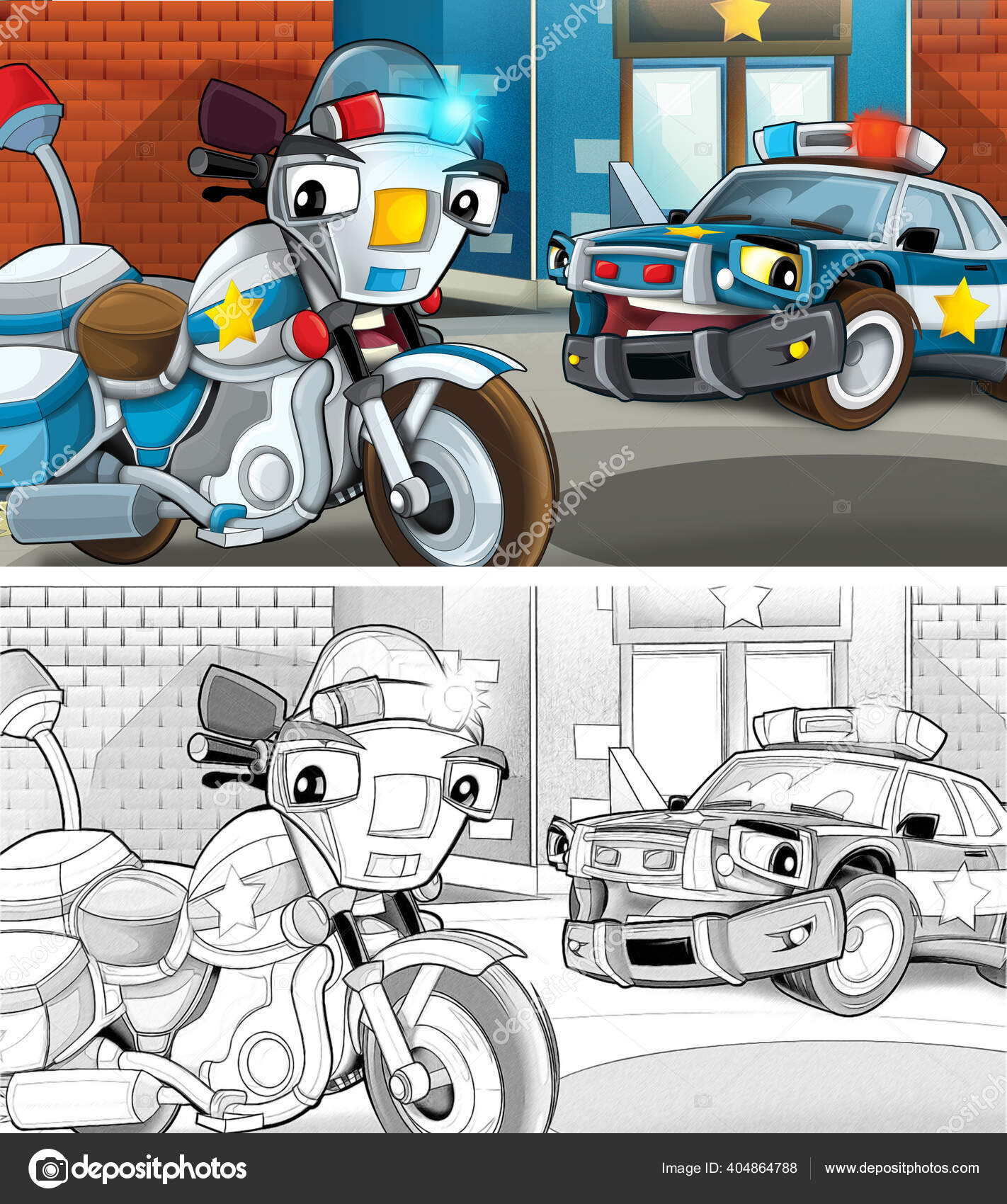 Cartoon Sketch Scene Police Officers Talking Car Motorcycle Illustration  Children Stock Photo by ©illustrator_hft 404864788