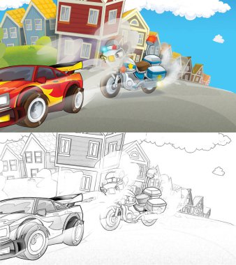 Cartoon sketch scene of police pursuit - police motorbike chasing racing car - illustration for children clipart
