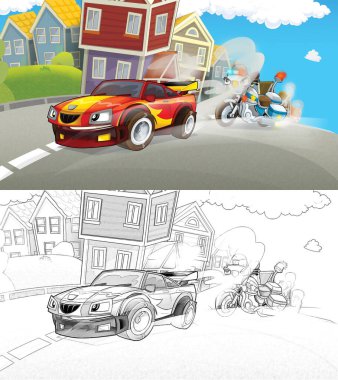 Cartoon sketch scene of police pursuit - police motorbike chasing racing car - illustration for children clipart