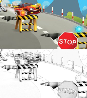 Cartoon sketch scene of police pursuit - police motorcycle chasing racing car - illustration for children clipart