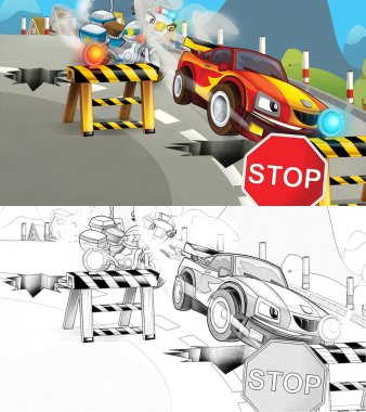 Polis takibinin karikatür çizimi - polis motosikleti yarış arabası kovalama - çocuklar için illüstrasyon