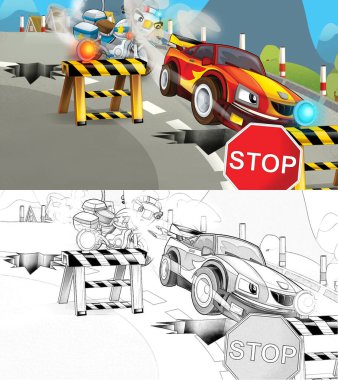 Cartoon sketch scene of police pursuit - police motorcycle chasing racing car - illustration for children clipart