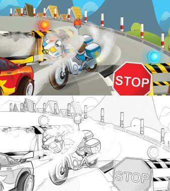 Polis takibinin karikatür çizimi - polis motosikleti yarış arabası kovalama - çocuklar için illüstrasyon