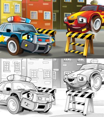 cartoon sketch police car officer on the road block stopping speeding car - illustration for children clipart