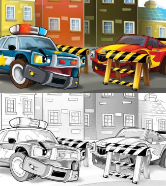 Polis arabası ve motosiklet barikatta hız yapan arabayı durdururken çizilen karikatür çizimi çocuklar için.