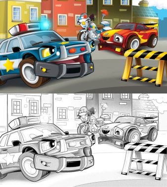Polis arabası ve motosiklet barikatta hız yapan arabayı durdururken çizilen karikatür çizimi çocuklar için.