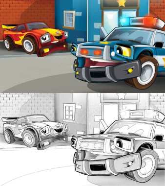 cartoon sketch police car officer on the road block stopping speeding car near the police station - illustration for children clipart