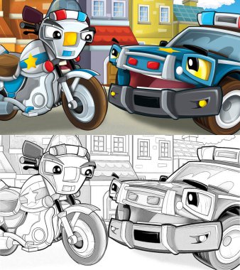 Sokak motosikleti ve araba çizimindeki iki polis arkadaş. Güvende tutuyorlar, konuşuyorlar. Çocuklar için illüstrasyon.