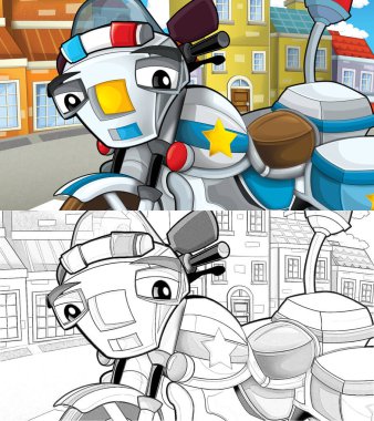 Sokak polisi üzerinde motosikletli bir karikatür sahnesi - çocuklar için illüstrasyon