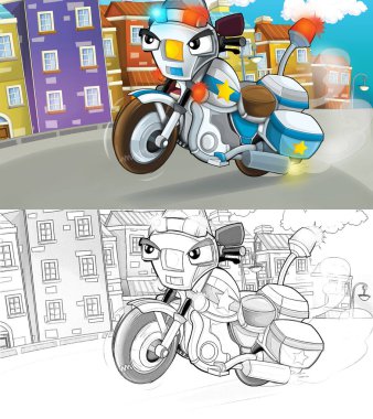 cartoon sketch scene with police motorcycle driving through the city policeman - illustration for children clipart