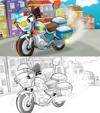 Polis motosikletinin şehir polisinin içinden geçtiği karikatür sahnesi - çocuklar için illüstrasyon