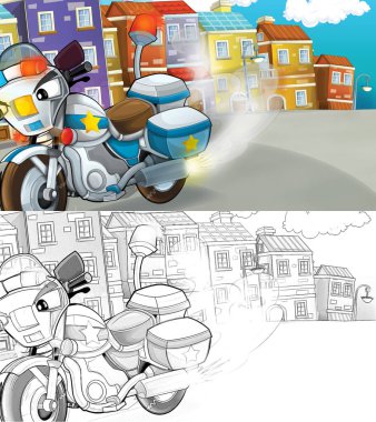 Polis motosikletinin şehir polisinin içinden geçtiği karikatür sahnesi - çocuklar için illüstrasyon