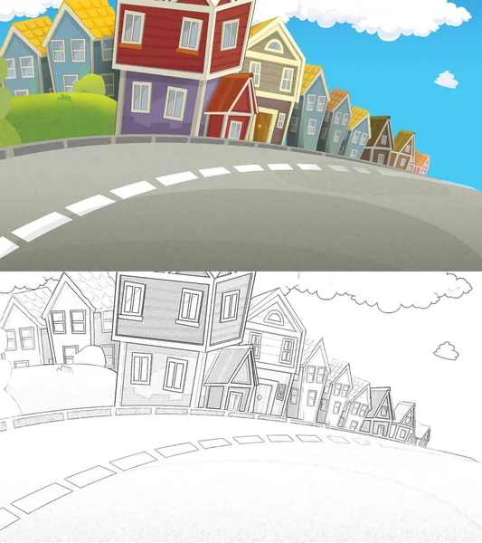 Zeichentrickskizze Szenengebäude Straßennähe Schöner Tag Illustration Für Kinder — Stockfoto