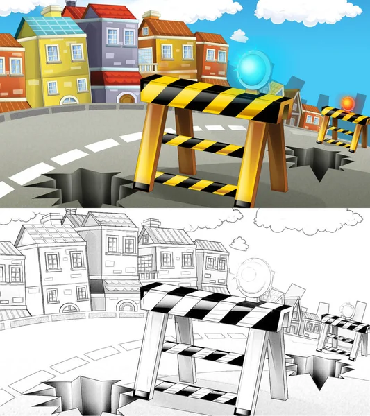 Cartoon Sketch Scene Buildings Street Beautiful Day Illustration Children — Stock Photo, Image