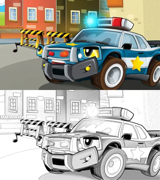 Bozzetto Del Cartone Animato Scena Con Auto Della Polizia Illustrazione — Foto Stock