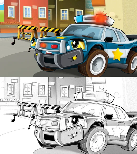 Zeichentrick Sketch Szene Mit Polizeiauto Illustration Für Kinder — Stockfoto