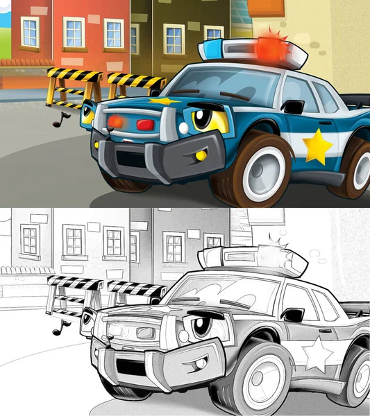 Zeichentrick Sketch Szene Mit Polizeiauto Illustration Für Kinder — Stockfoto