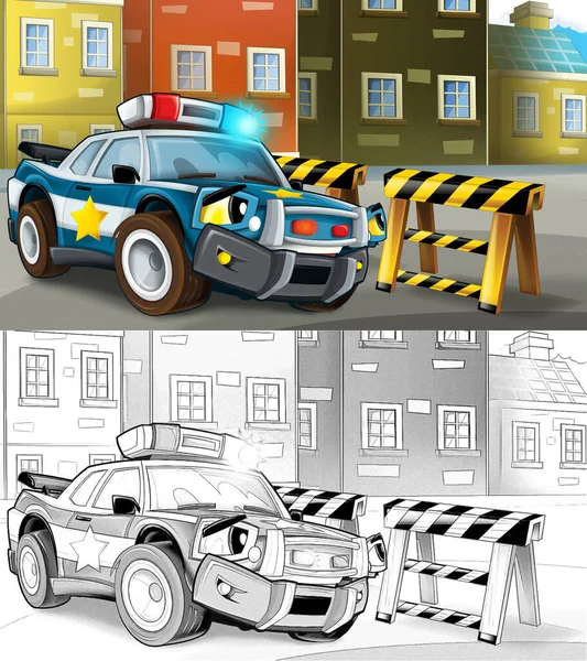 Desenho Animado Policial Carro Policial Oficial Bloco Estrada Ilustração Para — Fotografia de Stock
