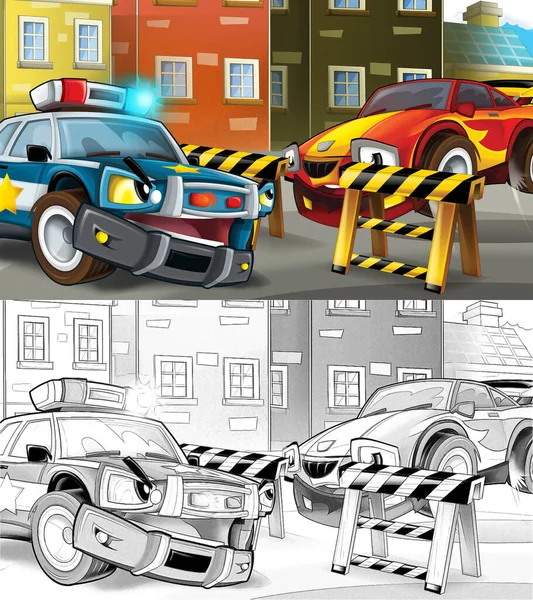 Cartoon Skizze Polizeibeamter Der Straßensperre Stoppt Raser Illustration Für Kinder — Stockfoto