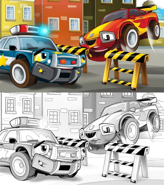 Cartoon Sketch Police Car Officer Road Block Stopping Speeding Car — Stock Photo, Image