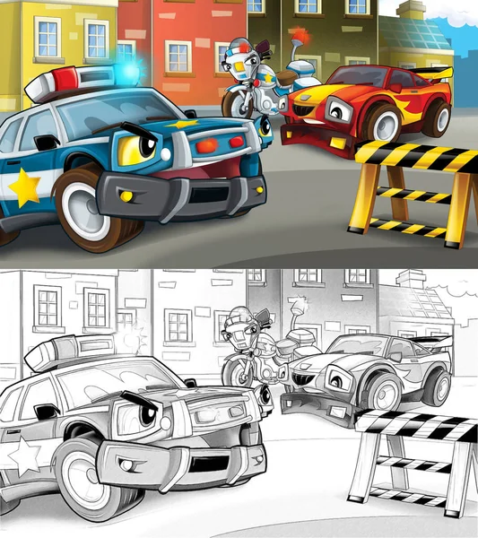 漫画のスケッチ警察官や道路ブロック上のオートバイスピード違反車を停止 子供のためのイラスト — ストック写真