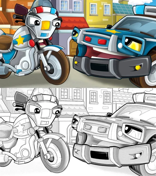 Zwei Befreundete Polizisten Auf Der Straße Motorrad Und Auto Skizze — Stockfoto