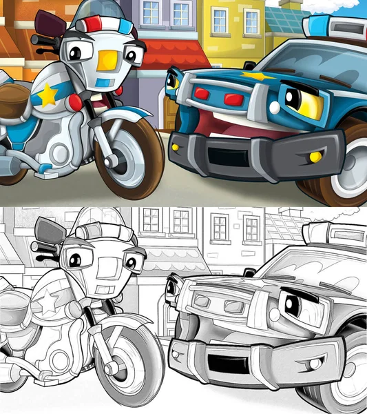 Two police friends on the street motorcycle and car sketch- keeping safe - guarding - talking - illustration for children