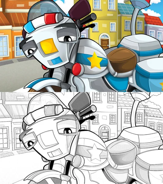 Sokak polisi üzerinde motosikletli bir karikatür sahnesi - çocuklar için illüstrasyon