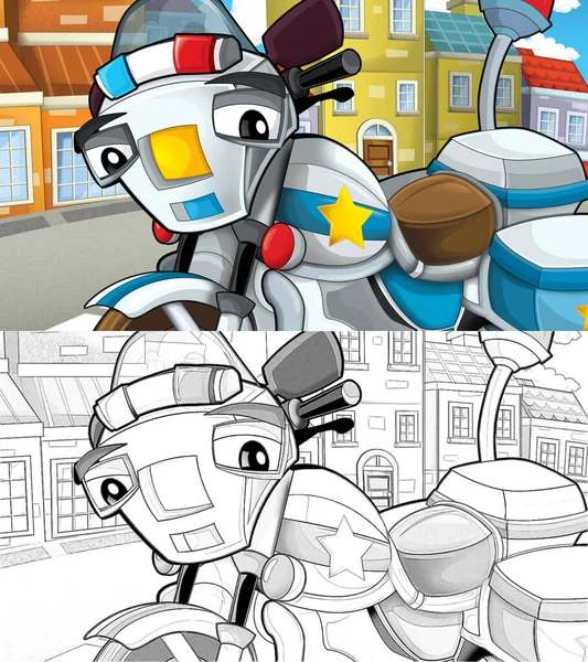 Sokak polisi üzerinde motosikletli bir karikatür sahnesi - çocuklar için illüstrasyon