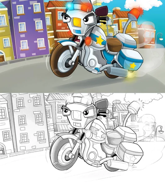 cartoon sketch scene with police motorcycle driving through the city policeman - illustration for children
