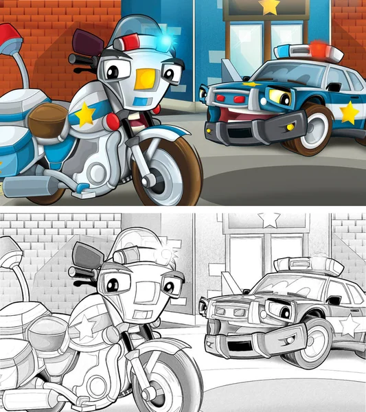 警察官が話す漫画のスケッチシーン 車とバイク 子供のためのイラスト — ストック写真