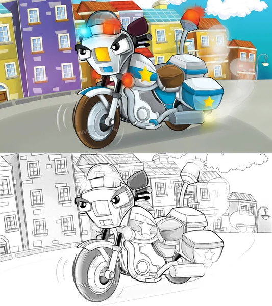 cartoon sketch scene with police motorcycle driving through the city policeman - illustration for children