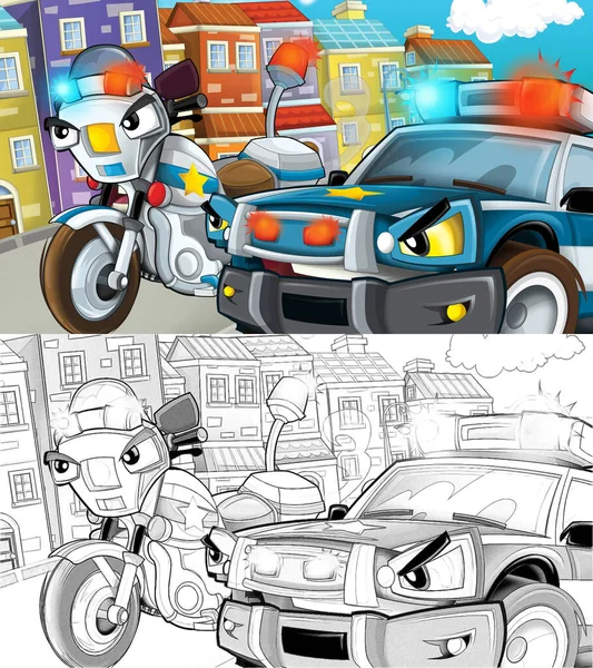Two police friends on the street motorcycle and car sketch - keeping safe - guarding - talking - illustration for children