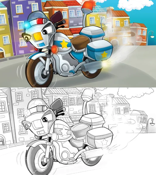 cartoon sketch scene with police motorcycle driving through the city policeman - illustration for children