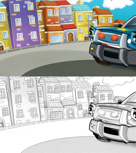 Bozzetto Del Cartone Animato Scena Con Auto Della Polizia Guida — Foto Stock