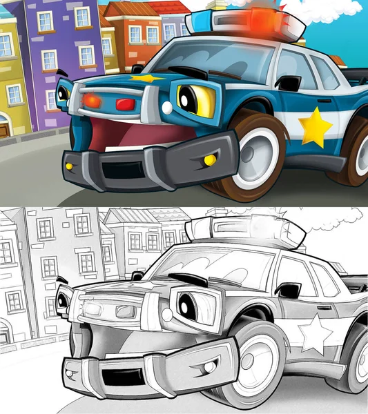 Escena Dibujos Animados Con Coche Policía Conduciendo Por Ciudad Ilustración — Foto de Stock