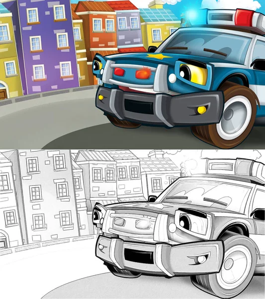 Escena Dibujos Animados Con Coche Policía Conduciendo Por Ciudad Ilustración — Foto de Stock