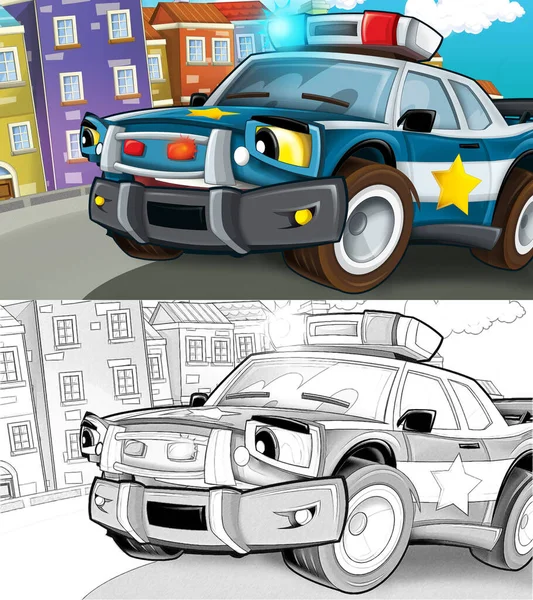 Escena Dibujos Animados Con Coche Policía Conduciendo Por Ciudad Ilustración —  Fotos de Stock