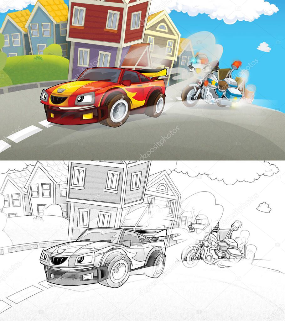 Cartoon sketch scene of police pursuit - police motorbike chasing racing car - illustration for children