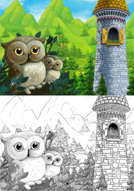 Ormanın yakınındaki şatonun karikatür mutlu eskiz sahnesi - farklı kullanımlar için sahne - çocuklar için illüstrasyon