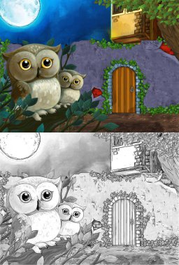 Geceleri bahçeye girişi olan bir malikaneyle karikatür sahnesi - çocuklar için illüstrasyon