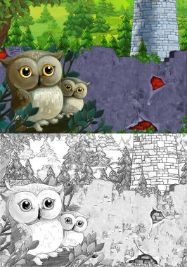 Ormanın yakınındaki şatonun karikatür mutlu eskiz sahnesi - farklı kullanımlar için sahne - çocuklar için illüstrasyon