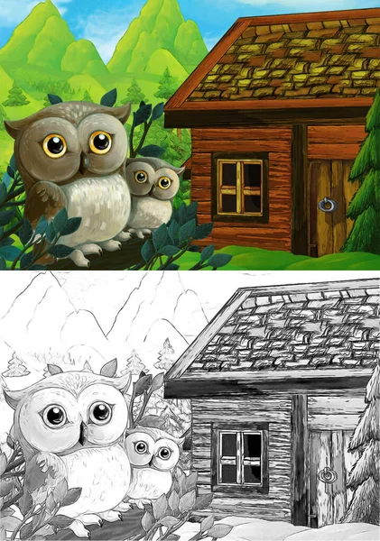 Çayırda ahşap bir evin olduğu ve sahnede kimsenin olmadığı karikatür sahnesi. Çocuklar için illüstrasyon.