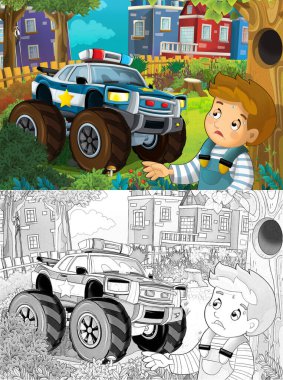 Parktaki çocuğa yardım etmek için şehirde polis arabasının sürdüğü karikatür sahnesi - çocuklar için illüstrasyon