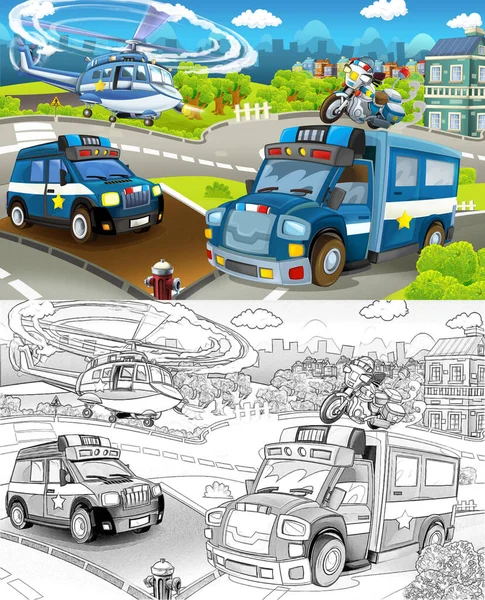 Desenho Animado Palco Com Diferentes Máquinas Para Serviço Policial Cena — Fotografia de Stock
