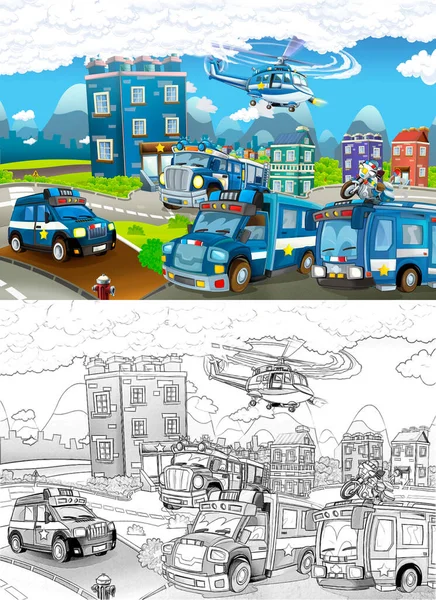 Cartoon Sketch Stage Different Machines Police Duty Colorful Cheerful Scene — Stock Photo, Image