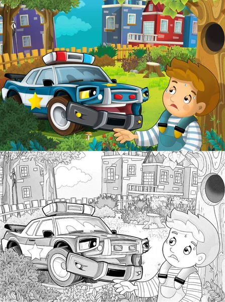 cartoon sketch scene with police car and sports car car at city police station and policeman - illustration for children